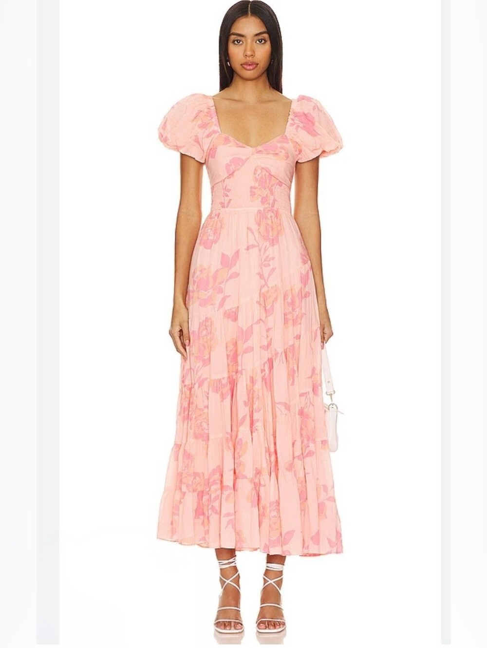 Free People Sundrenched Peach Floral Puff-Sleeve Maxi Dress